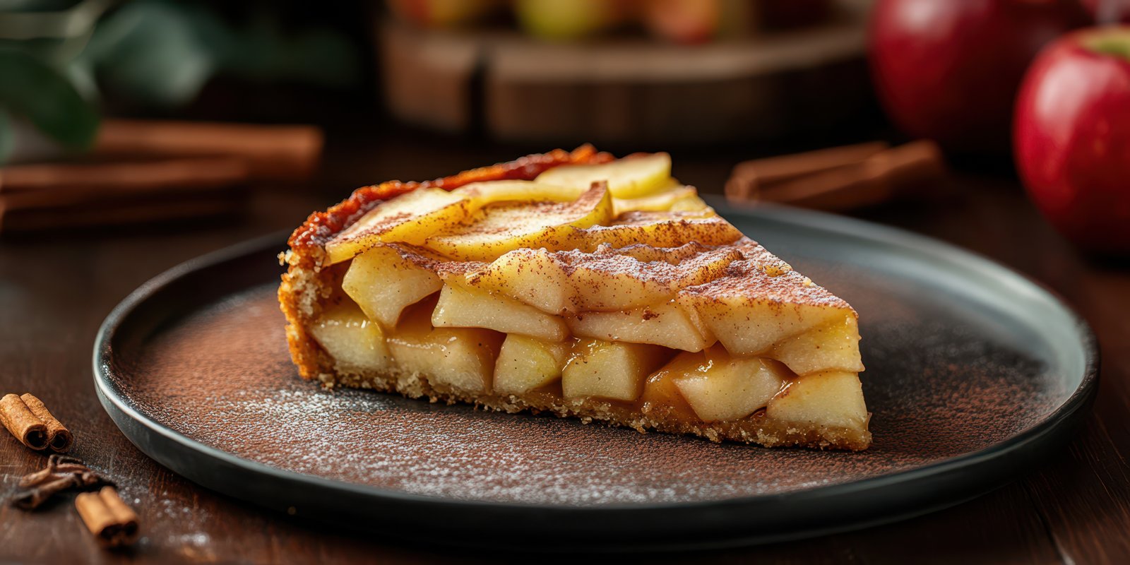 Freshly baked apple pie on a dark plate with cinnamon and decorative apples in the background